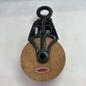 Antique Vintage Myers 857 B Cast Iron Block with Moline Ironworks Wood Wheel